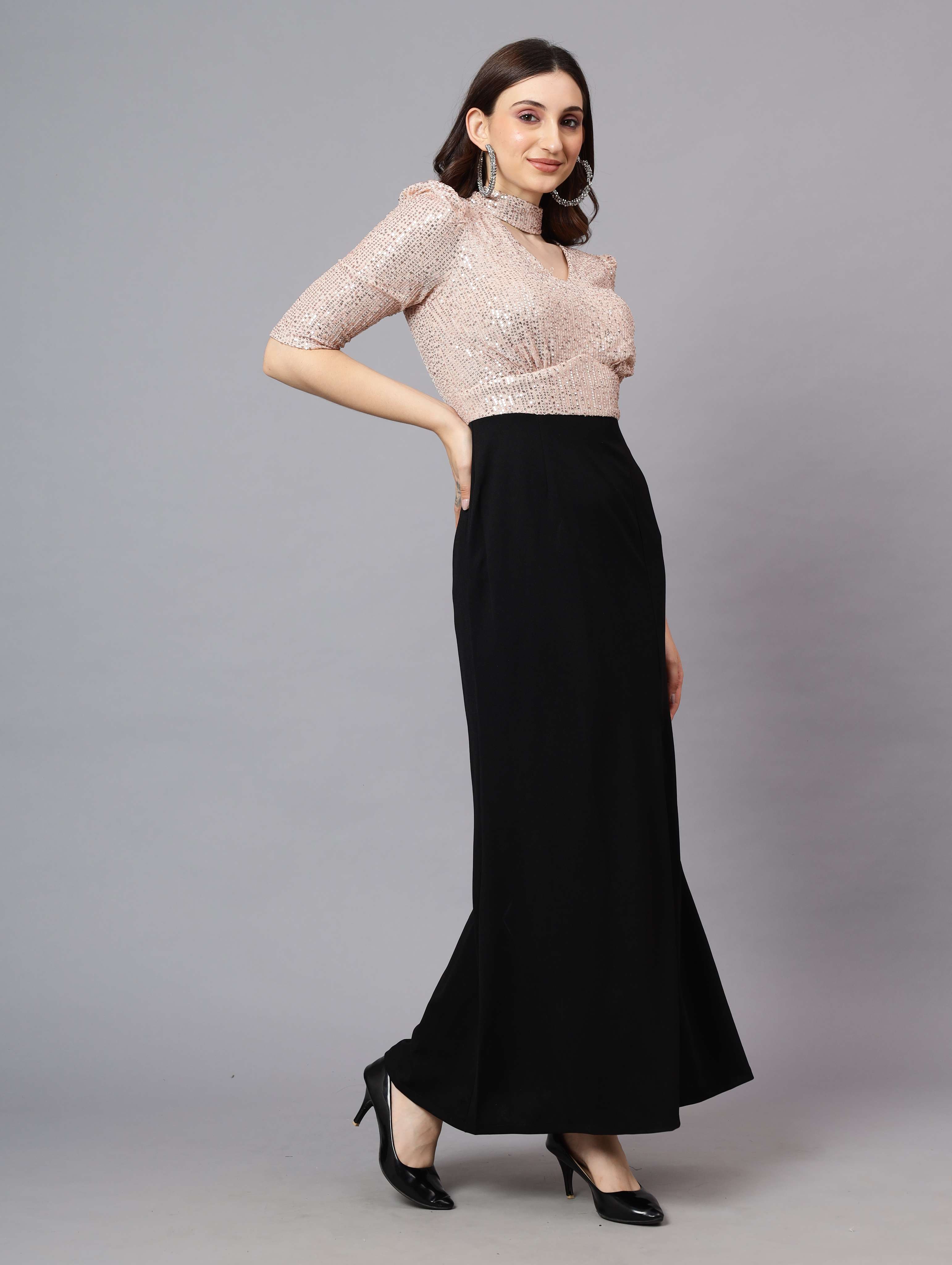 SEQUINCE BODY WITH CRAPE SKIRT CONTRASS GOWN