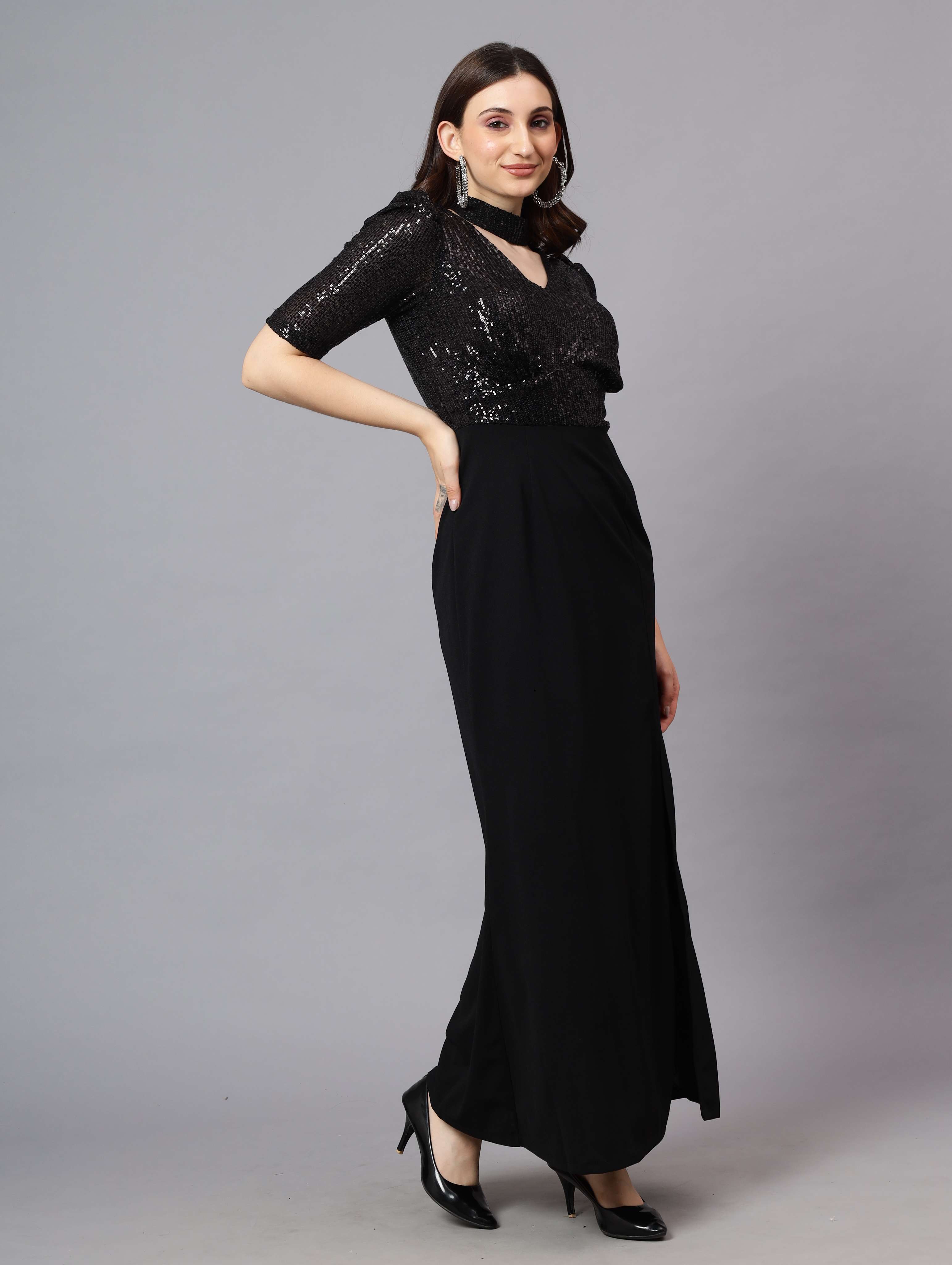 SEQUINCE BODY WITH CRAPE SKIRT CONTRASS GOWN